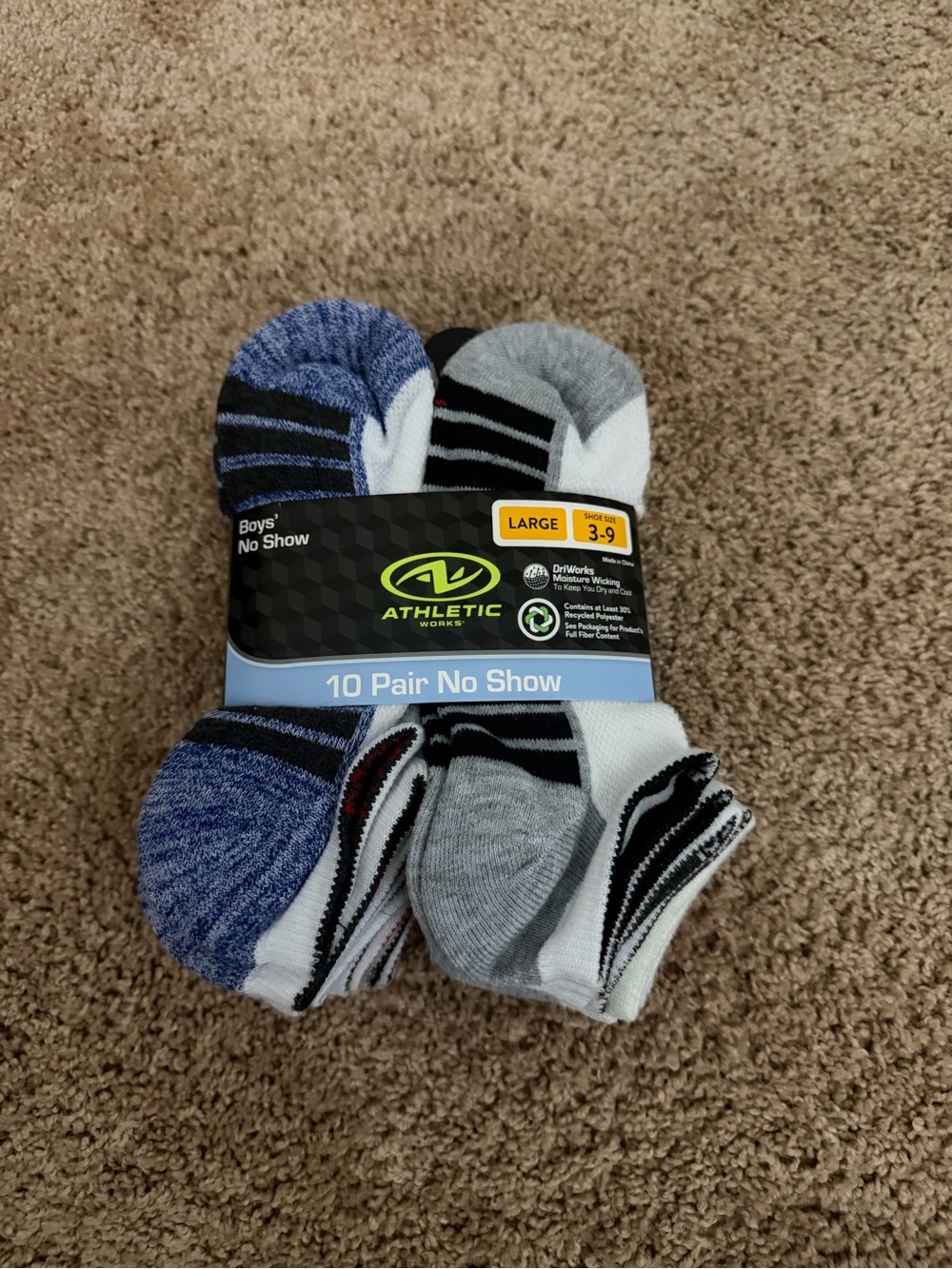 Athletic Works Boys' Moisture Wicking No Show Socks, 10-Pair Pack Large, 3-9